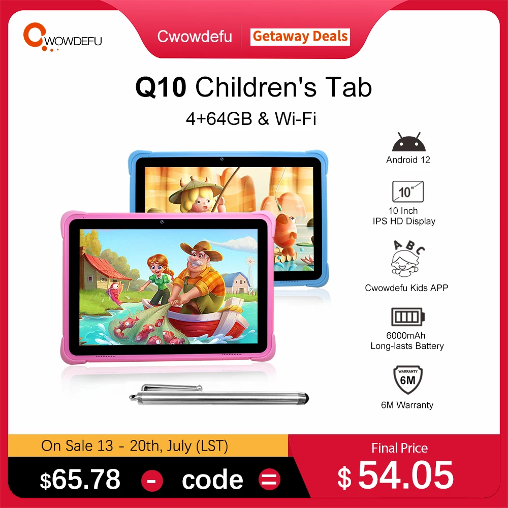 

Cwowdefu 10.1 Inch Children Tablets Android 12 Quad Core 4GB 64GB WIFI Learning Tablets for Kids Toddler wIth Kids Mode 6000mAh