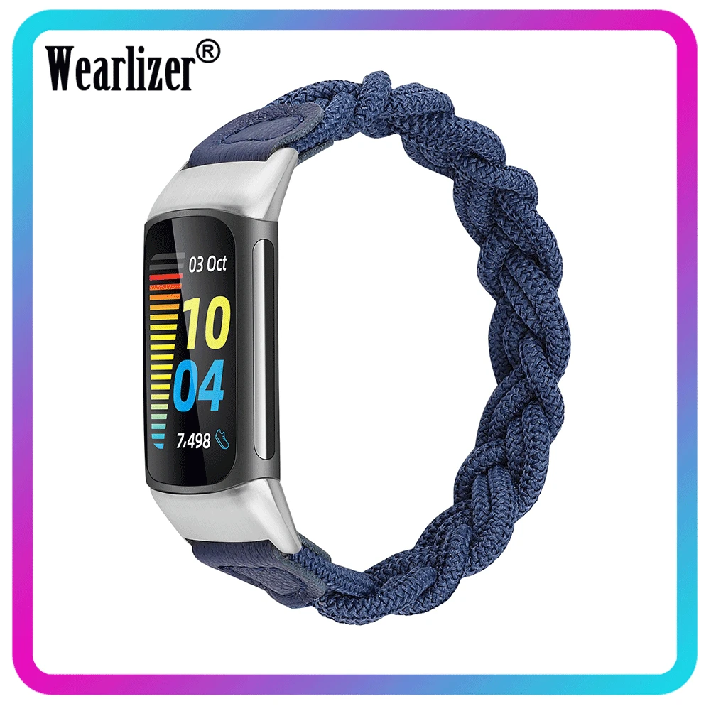 Wearlizer 여성용 나일론 시계 스트랩, Fitbit Charge 5 밴드, 신축성 있는 직조 밴드, 슬림 신축성 밴드