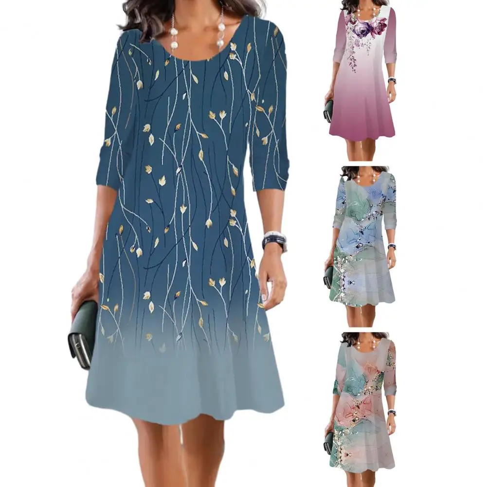 

Women Casual Dress Fashion O Neck Flower Print Three Quarter Sleeve Loose A-line Midi Dresses for women vestidos para mujer