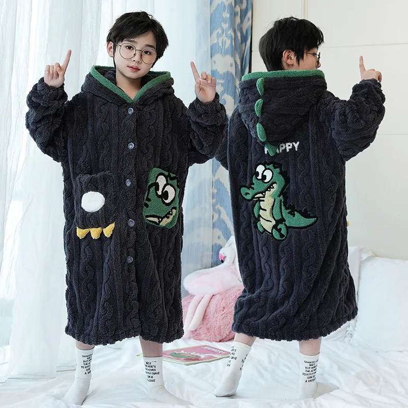 Child Bathrobe Winter Flannel Thicken for Big Kids Sleeping Warm Sleepwear Boys Girls Homewear Animal Pyjamas