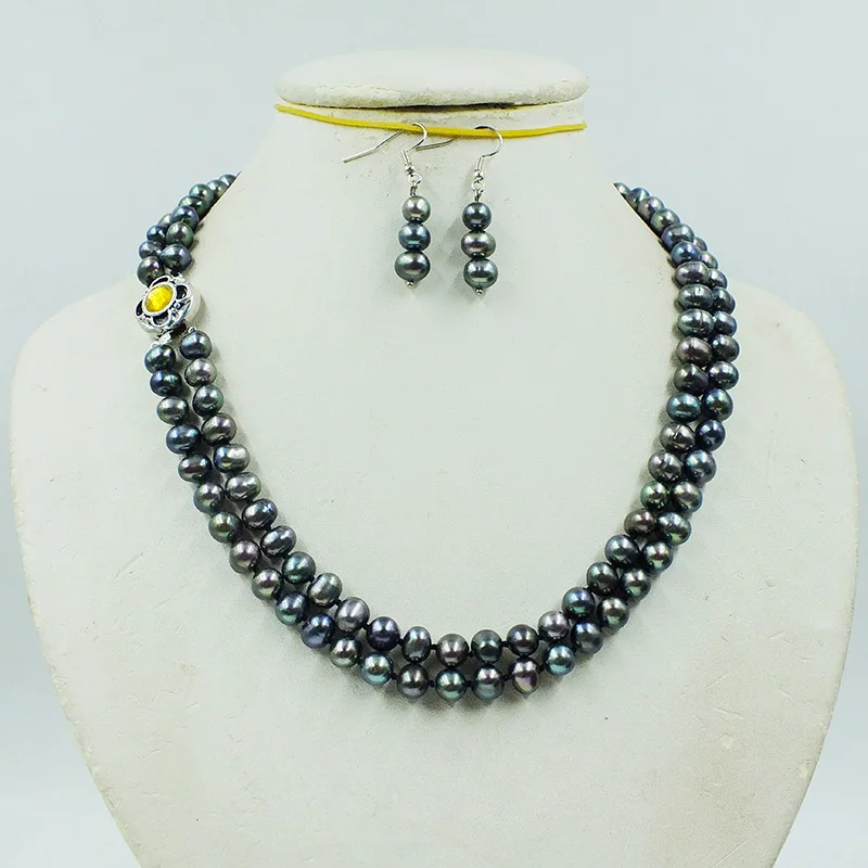 

7-8MM 2-row natural black potato shaped freshwater pearl necklace/earring set 18-20”