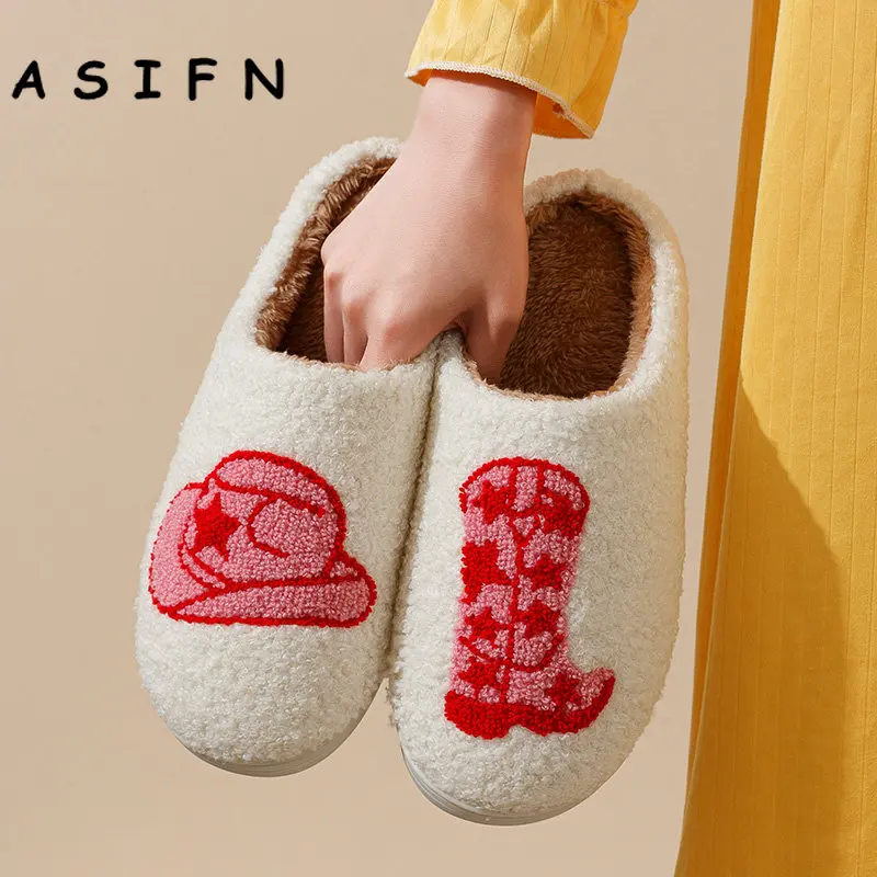 ASIFN Cute Boot Women's Slippers Cowgirl Hat Fluffy Cushion Slides Comfortable Cozy Comfy Smile Houseshoes Laides Winter Shoes images - 6