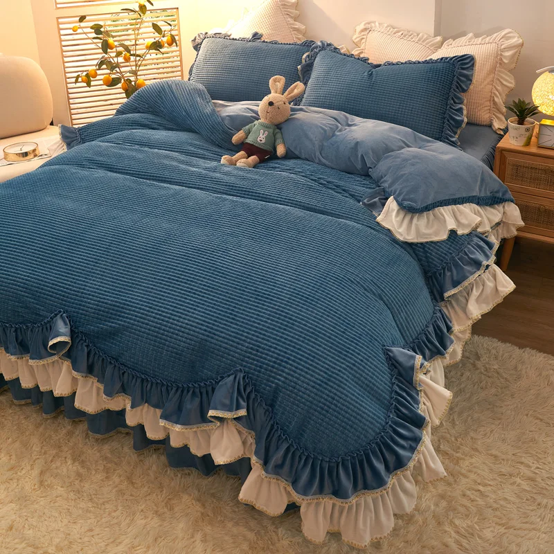 

Princess Style Flannel Bed Skirt Quilt Cover Four-Piece Thickened Warm Crystal Coral Fleece Bedding