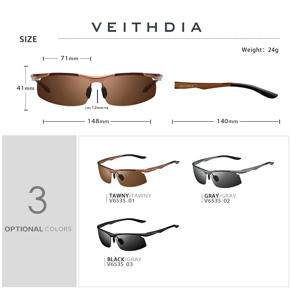 VEITHDIA okulary aluminium mężczyźni spolaryzowane UV400 obiektyw prostokąt Rimless jazda samochodem łowienie ryb okulary okulary sportowe dla mężczyzn 6535