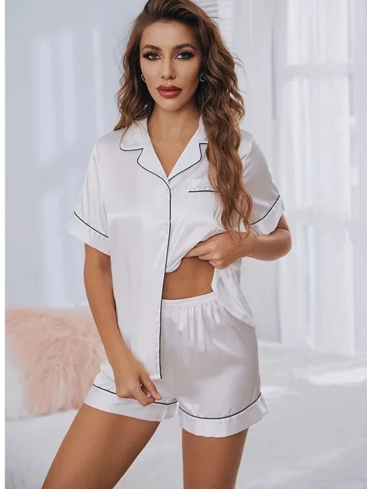 Summer Pijamas Sets Women Sleepwear Silk Satin Button-Down Short Sleeve Tops and Shorts Two-piece Loungewear