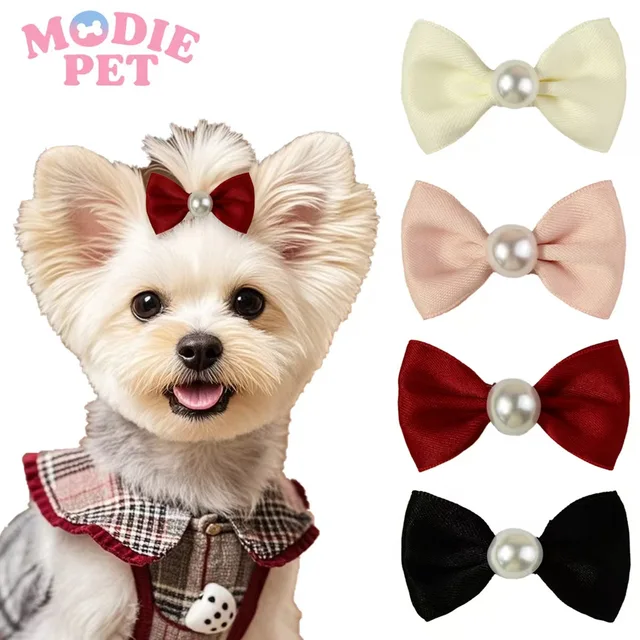 2PCS Pearl Solid Color Dog Hair Clips Dog Bows With Alligator Clip Pet Puppy Hair Clips Accessories Pet Supplies For Dogs Bows 2