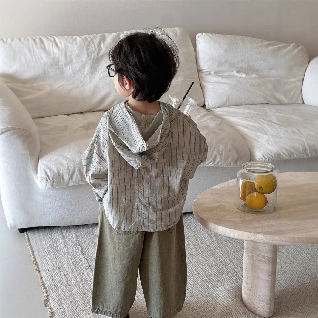 Children Linen Spring and Autumn Striped Shirt Boys and Girls Hooded Top Children Breathable Lightweight Cardigan