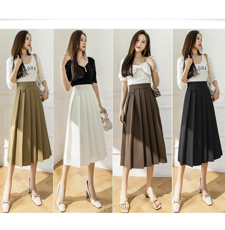 2022 Spring Summer Women's Elegant Pleated Suit Skirts High Waist Fashion Office Ladies Elastic Waist A-line Midi Skirt Vintage brown skirt