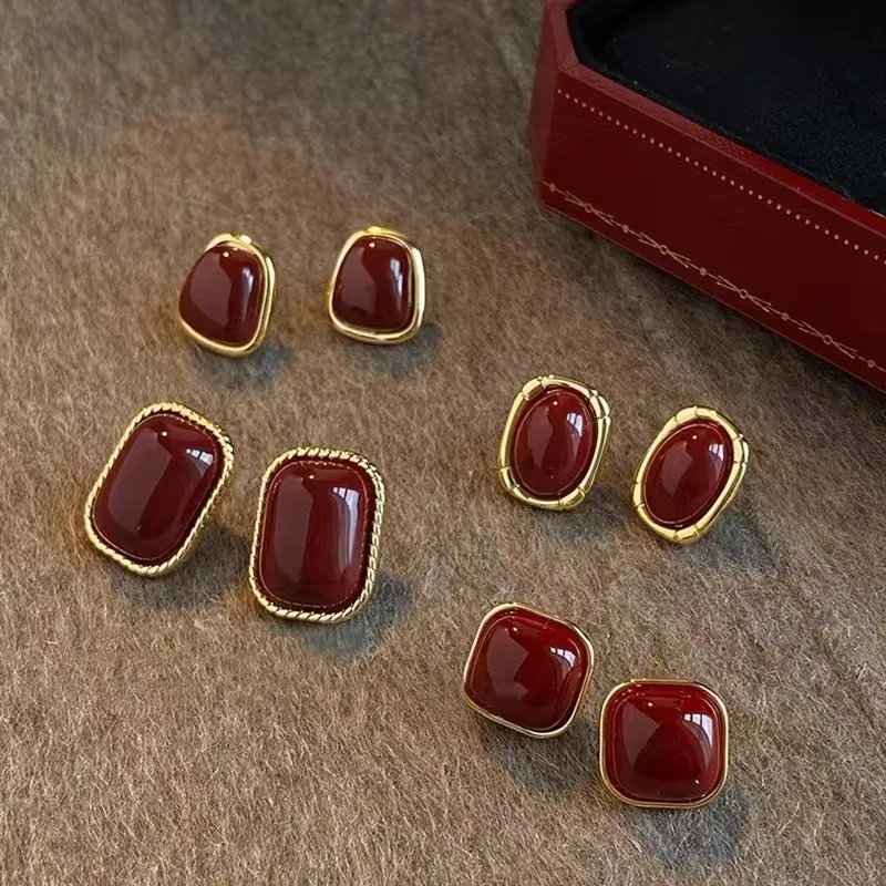 Vintage Emaille Weinrote Metall Ohrstecker für Frauen Mode Geometrische Ohrringe Elegante Hochzeit Schmuck Zubehör