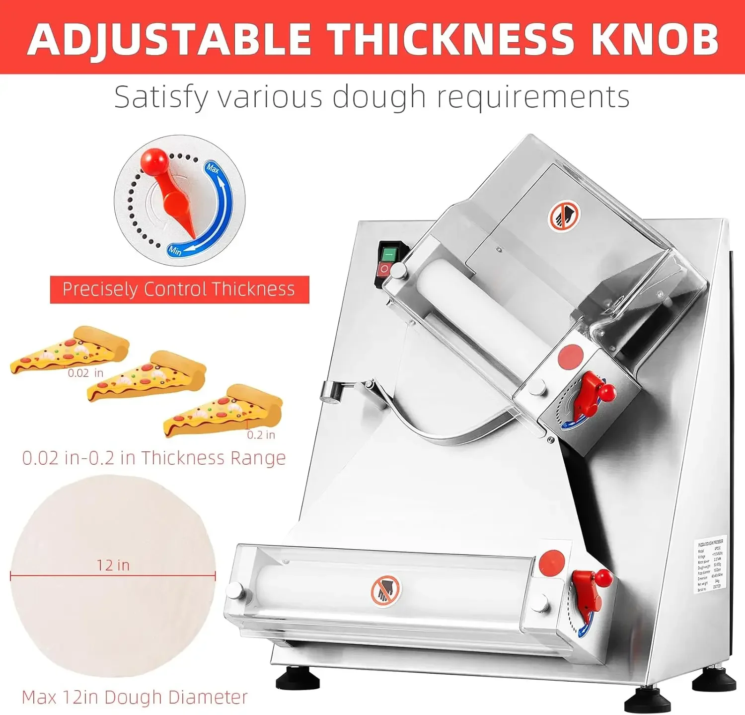 Pizza Dough Roller Sheeter, Max 12", Automatic 370W Electric Pizza Dough Roller, Stainless Steel, Suitable for Noodle 5
