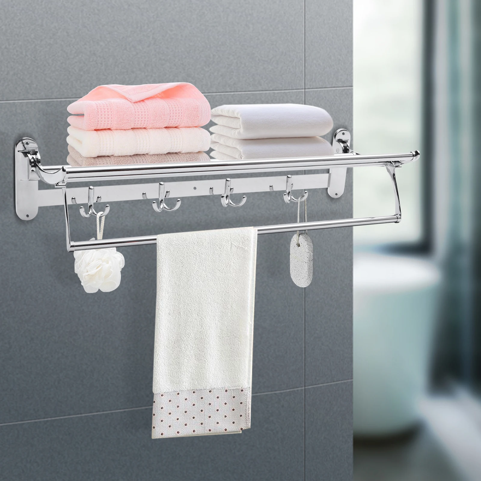Stainless Steel Towel Rack Bathroom Wall Mounted Towel Holder Foldable Towel Shelf Towel Bar Towel Rail for Bathroom, Hotel