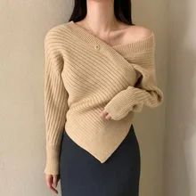 

Women Casual V Neck Sweaters Long Sleeve Striped Cross Wrap Front Off Shoulder Asymmetric Hem Knitted Crop Solid Pullover
