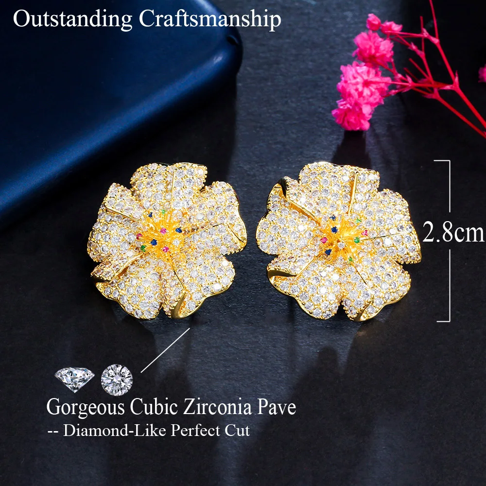 CWWZircons Bright Full Micro Cubic Zirconia Paved African Gold Plated Big  Geometric Flower Earrings for Women Party Wear CZ275