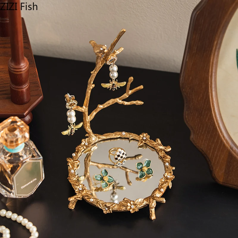 Golden Mirror Glass Tray Decorative Branch Storage Trays Dressing Table Jewelry Necklace Display Plate Cosmetics Organizer 2