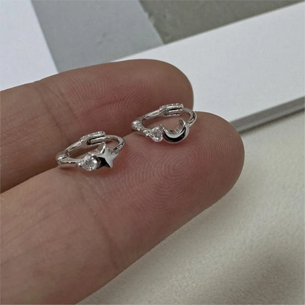 Korean Fashion Star Moon Hoop Earrings For Women Unique Asymmetric Zirconia Silver Color Ear Piercing Jewelry Gift Trend 2025 4
