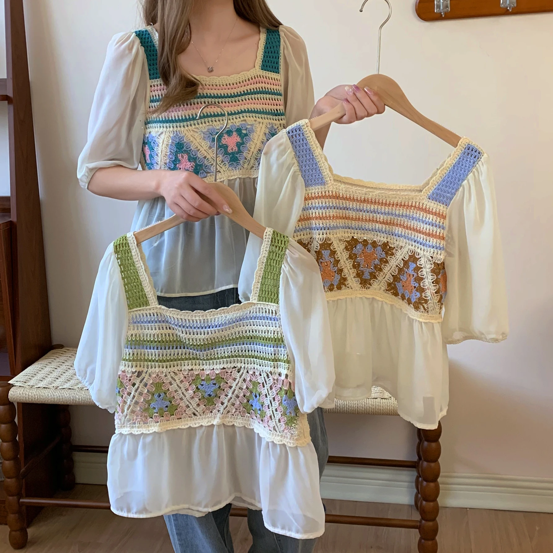 

Женская шифоновая Вязаная футболка с коротким рукавом и квадратным вырезом