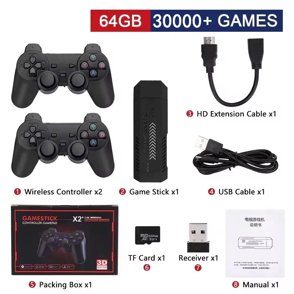 X2 PLUS Video Game Stick Console 2.4G Double Wireless Controller 20000 Games 64GB Retro Games for PS