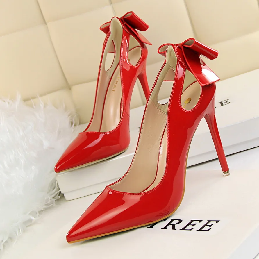 BIGTREE Spring Women Pumps Patent Leather 10CM Thin High Heel  Bowknot Hollow Sandals Woman Dress Shoes Stilettos High Quality