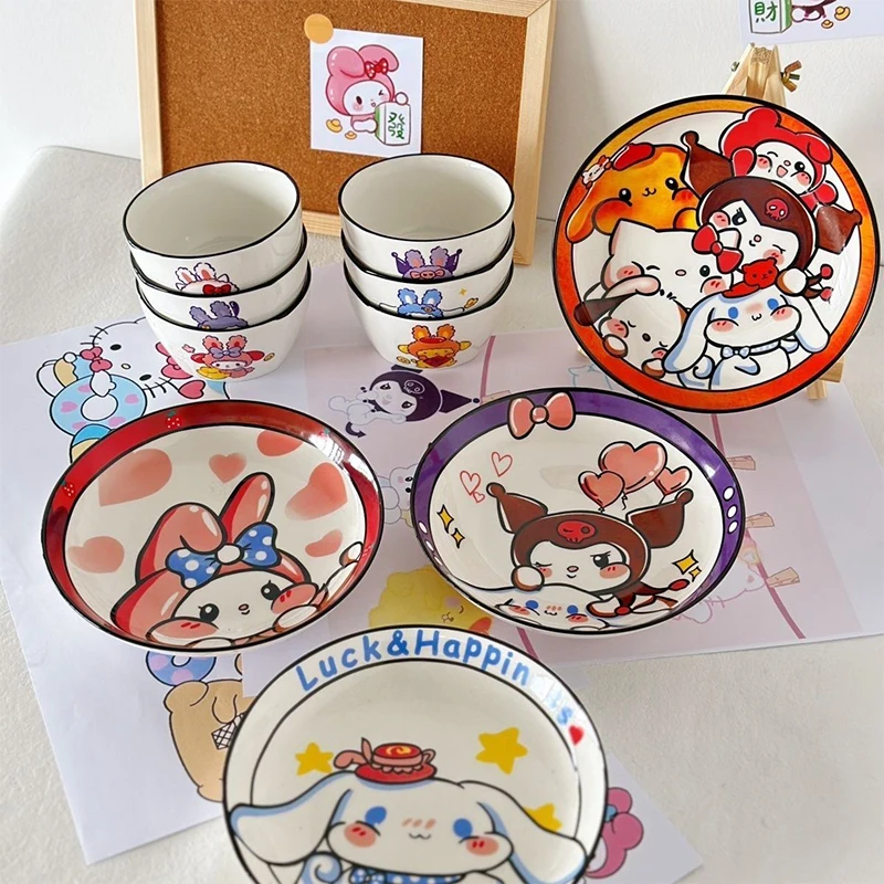 

Sanrio Anime Hello Kitty Kuromi Ceramic Cutlery Set Cute Cartoon My Melody Cinnamoroll Tableware Plate Bowl Home Toys for Kids