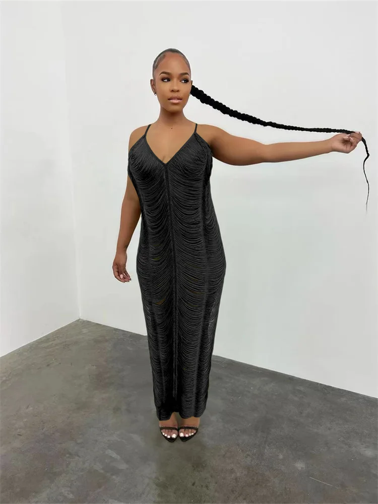 Wmstar Women Dress Summer Sexy Halter Hollow Out Knit Sleeveless Long Beach Bodycon Cut out V Neck Evening Party Outfit Dresses