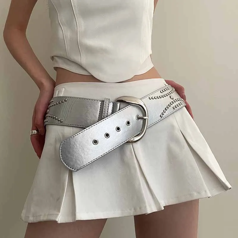 New Rivet Wide Version Belt for Women's Fashionable Silver Rock Glossy Metal Buckle Retro Wide-Edged Belt