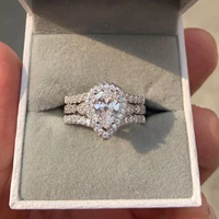 Newshe 2 Pieces 925 Sterling Silver Engagement Ring Enhancer Wedding Band for Women Pear Cut AAAAA Zircon Jewelry Size 4-13 - Image 6