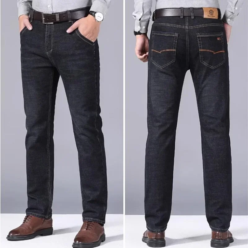 Autumn and Winter Men's Warm Business Jeans Classic Style Fleece Thicken Stretch Slim Fit Casual Jeans Male Plus Size