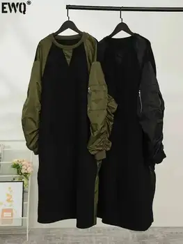 [EWQ] Pleated Long Sleeve Design Contrast Color Dress Loose Patchwork Casual Women Black Dresses 2025 Autumn New Fashion CPG2092 1