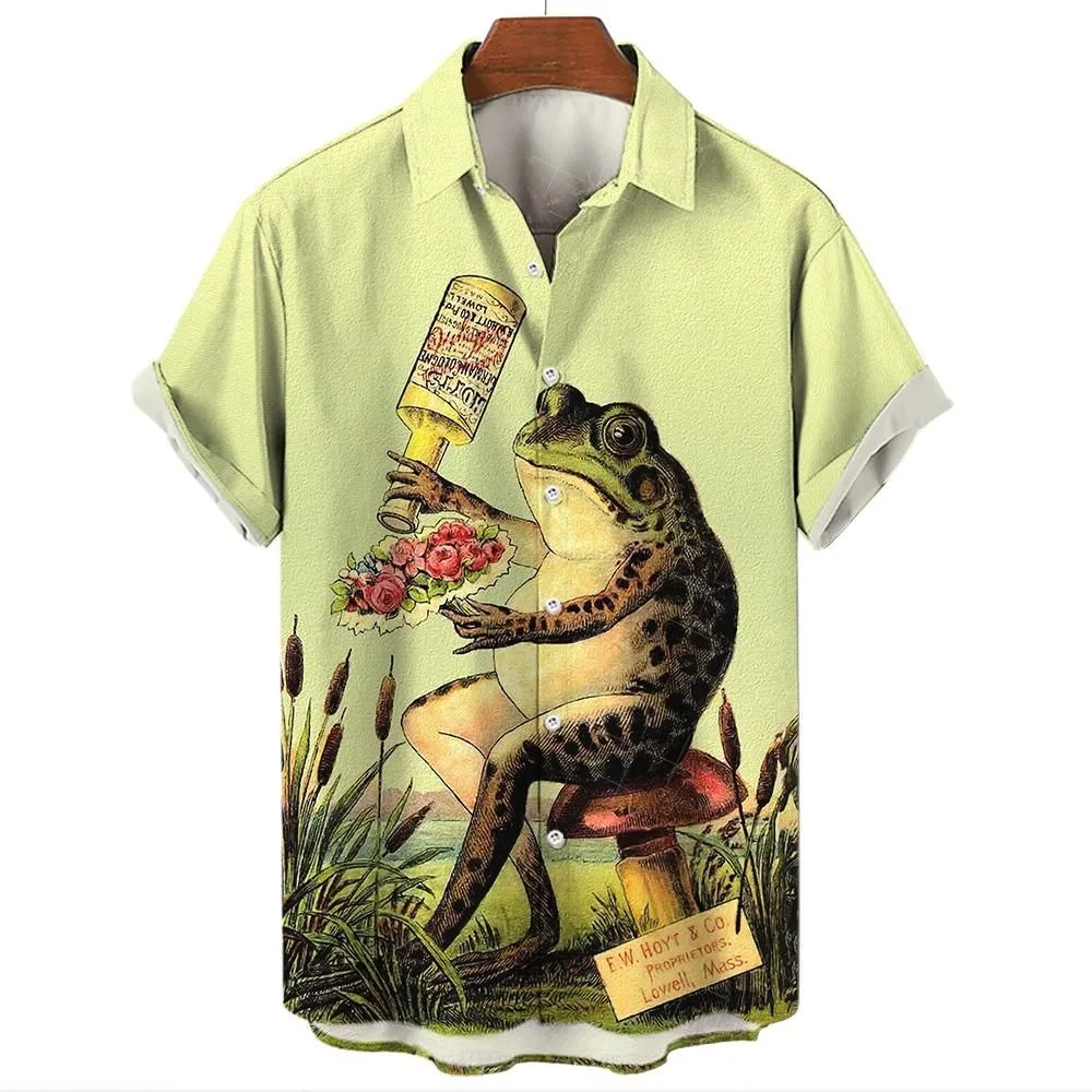 

Men's fun frog shirt, short sleeved shirt with polo collar and buttons, casual street clothing, fashionable beach top