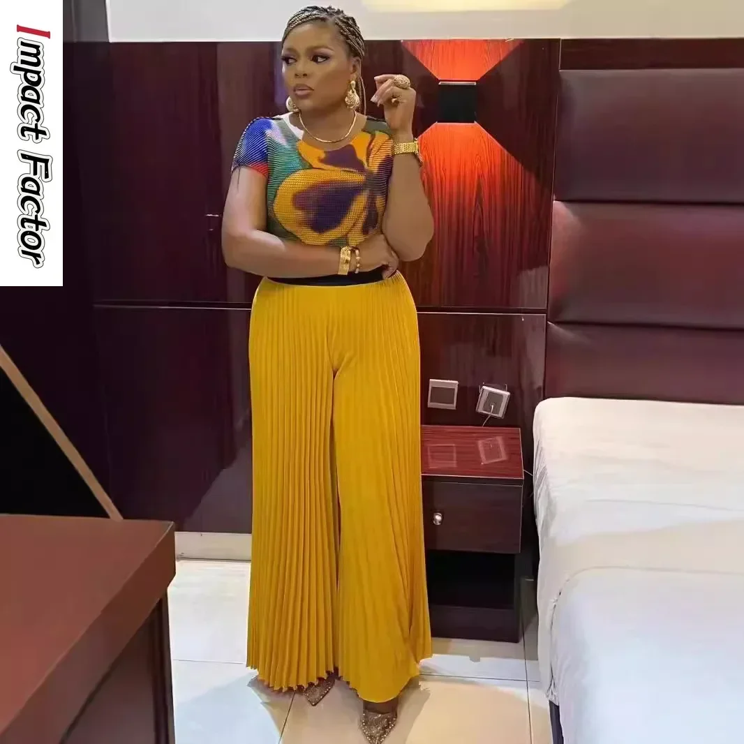 Miyake Pleated 2 Piece Sets Women Short Sleeve High-end Print