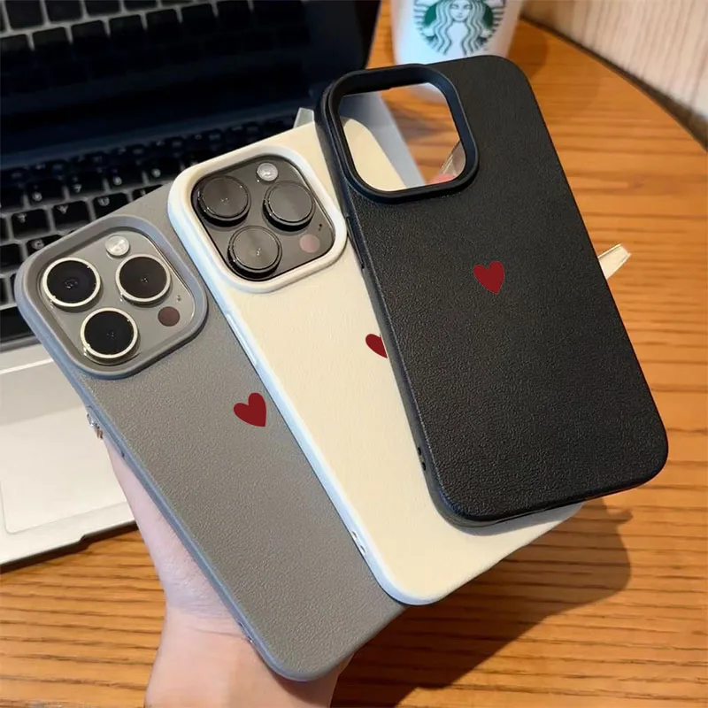 Elegant Red Love Heart Lichee Leather Pattern Phone Case