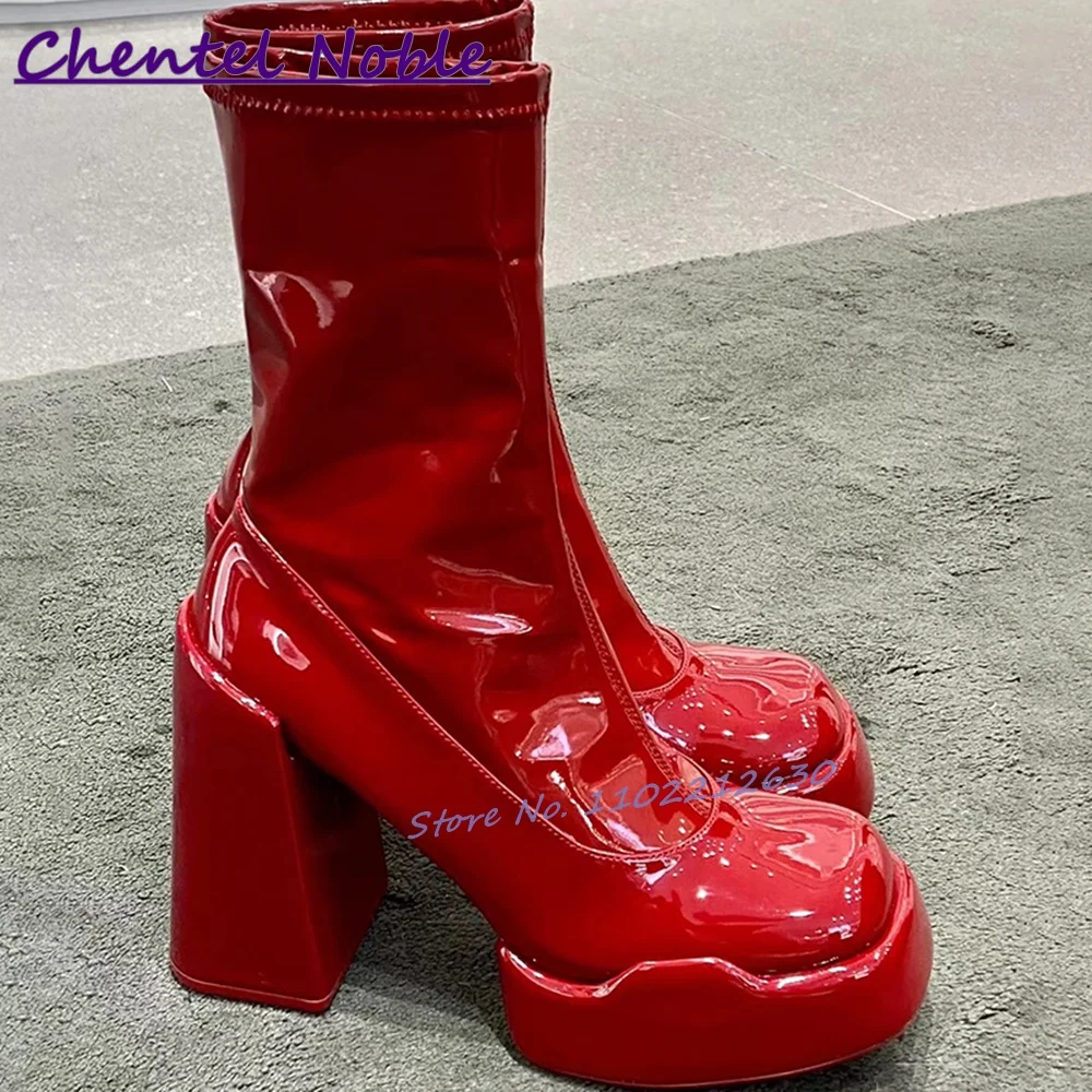 

Red Square Toe Ankle Boots Patent Leather Chunky High Heels Solid Elastic Boots Newest Fashion Sexy Cool All Match Women Shoes