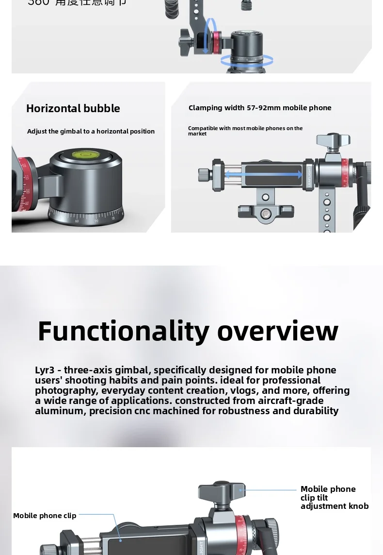 Leaplight LYR3 3-axis Universal Phone Gimbal Tilt Adjustable 360° Rotation for M
