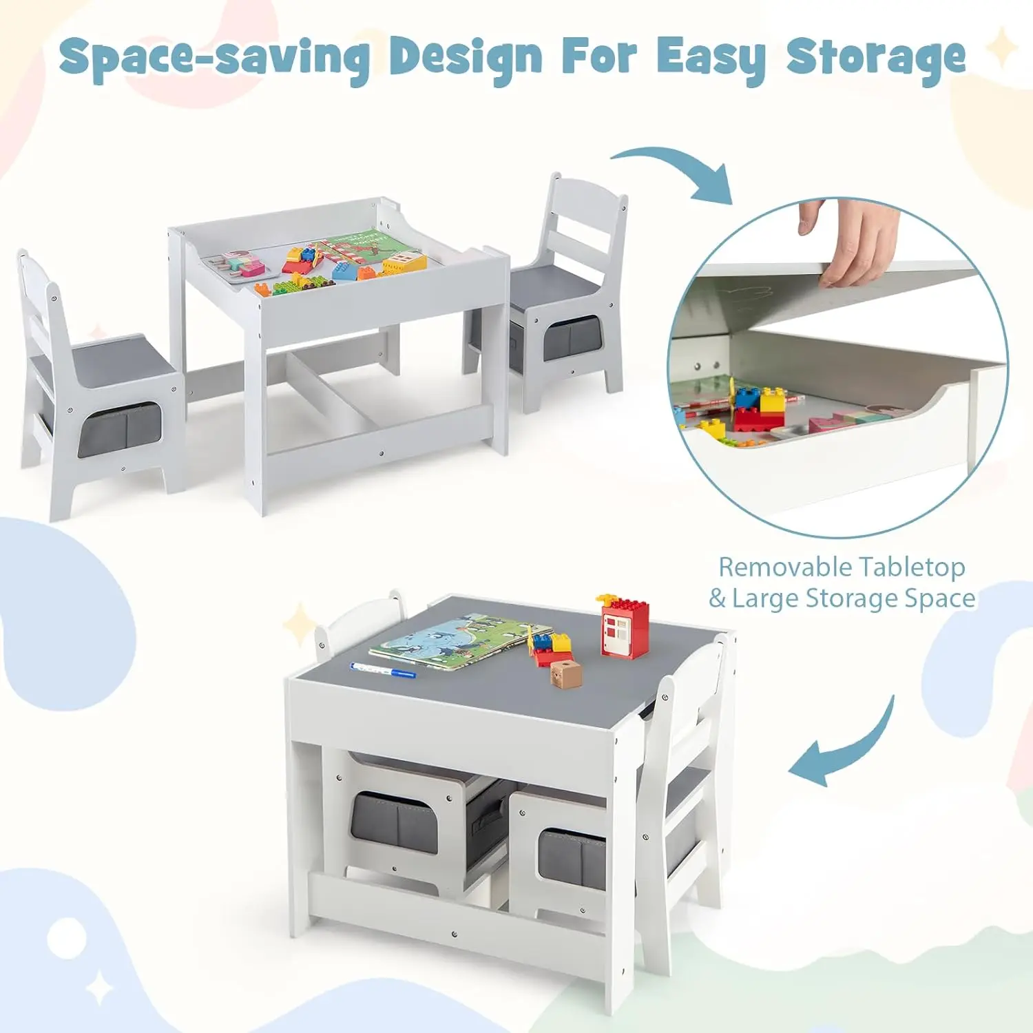 Kids Table and Chair Set, 3 in 1 Wooden Activity Table for Toddlers Arts, Crafts, Drawing, Reading, Playroom, Toddler Ta