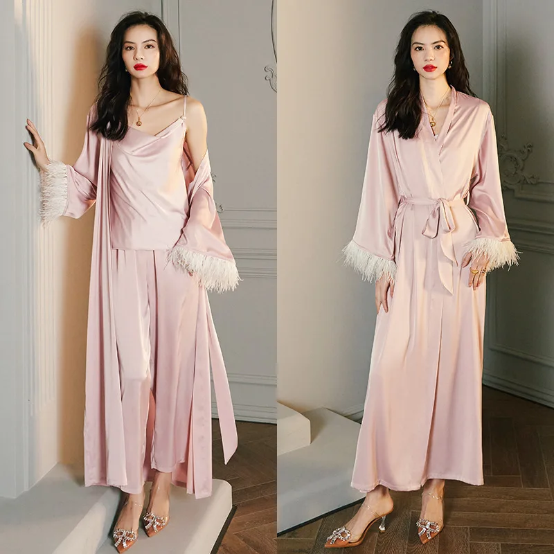 

Pink Bathrobe Gown Rayon Kimono Robe Set Women Long Nightgown Elegant Feather Sleeve Sleepwear Loungewear Intimate Lingerie