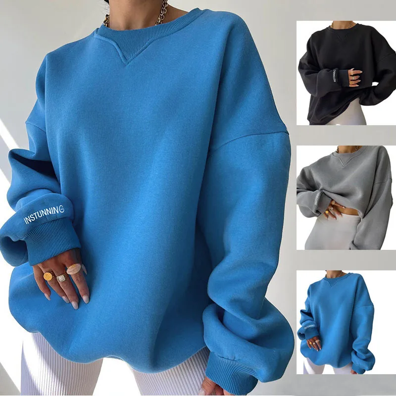 

2024 Women's Sweatshirt Oversize O-neck Long Sleeve Black Sweatshirt Female Spring Winter Trendy Fashion Girl Pullover Ladies
