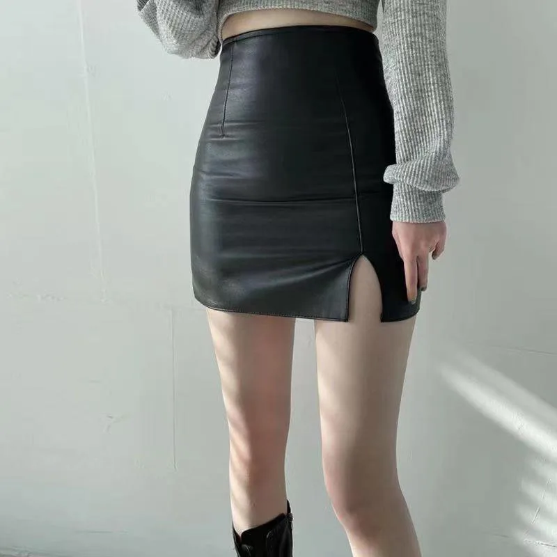 Xpqbb Balck PU Leather Mini Skirt Women Sexy Skinny High Waist Side Split Hip Skirts Autumn New Korean Office Lady Short Skirt 2