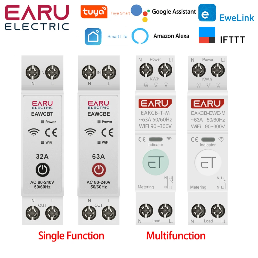Tuya eWeLink APP 63A 1P+N WIFI Smart Switch Circuit Breaker Kwh Energy Meter Monitor Timer Relay MCB Voltage Current Protection