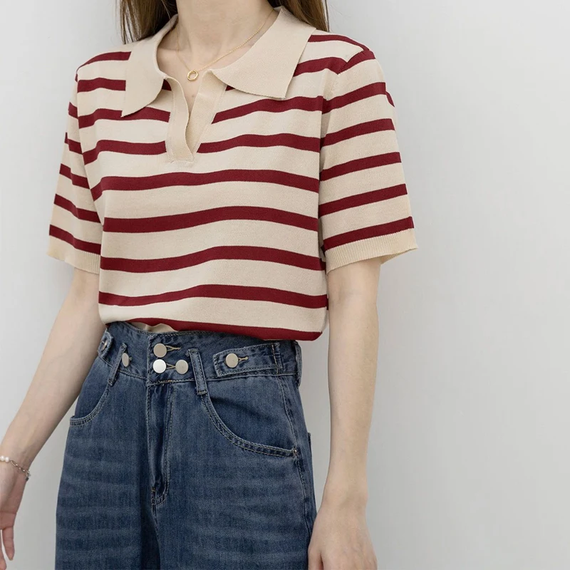 

Летняя новинка тонкая полосатая трикотажная рубашка Топы с коротким рукавом воротник поло свободные короткие пуловеры Молодежная модная женская одежда