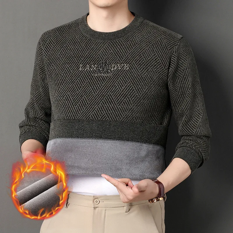 

Winter New Chenille Solid Color round Neck Sweater Men's Fleece-lined Thickened Casual Sweater Warm Top