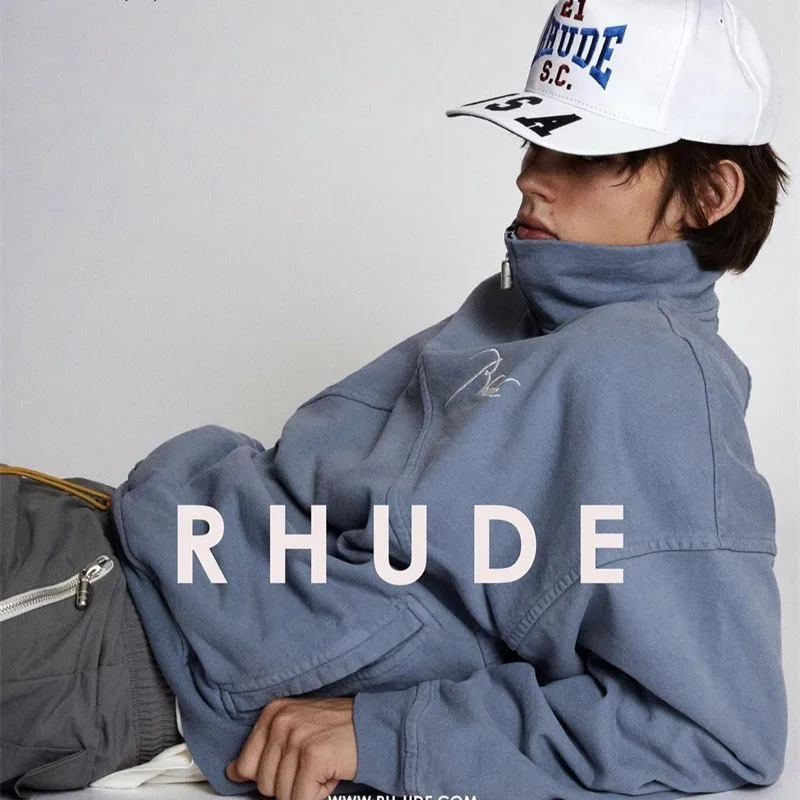 

23fw RHUDE Sweatshirt Pullover Zipper Pockets Design Embroidery Logo Crew Neck Cotton Men Women Loose Fit Sweatshirt With Tags