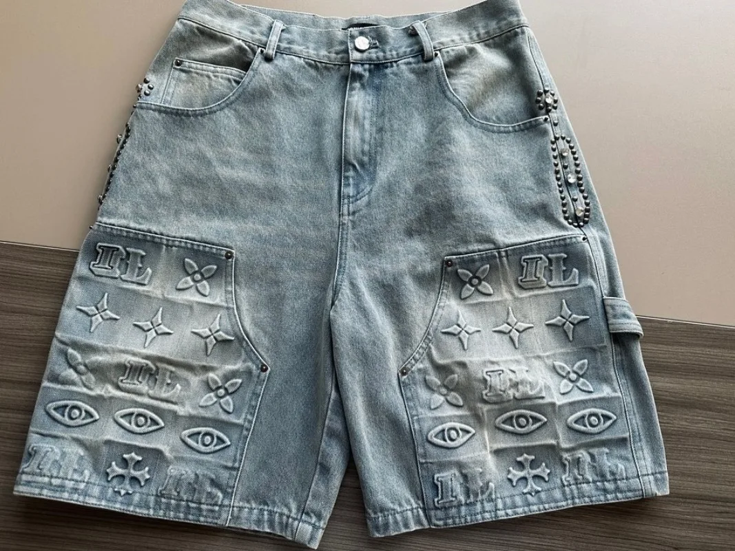 Denim Shorts Summer Jeans Shorts American New Fashion Geometric Decoration Baggy Denim Shorts Men Y2K Street Retro Hip Hop Popular Gothic Casual Wide Leg Shorts