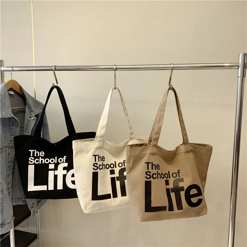 Canvas Tote Large Capacity Shoulder Bag 2023 New Preppy Style Letter Printed Pattern Daily Commuter Trendy Shopping Storage Bag