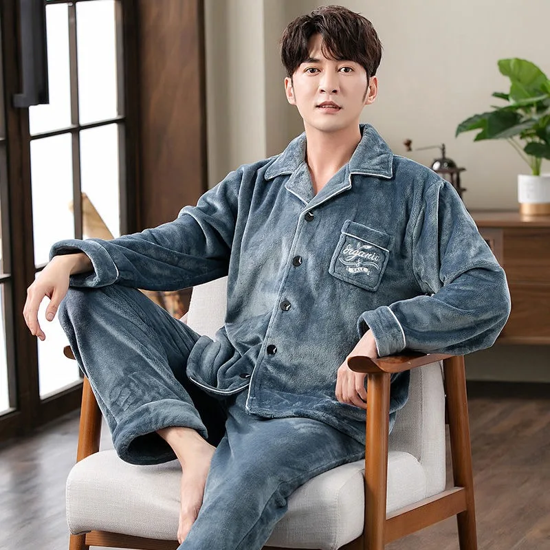 2024 New Men Coral Velvet Pajamas Winter Thicken Velvet Padded Large Size Male Homewear Suit Flannel Thermal Sleepwear Sets