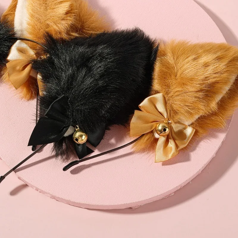 Fox Ears Plush Headband Women Puffy Hair Band Girls Bow Bell Hairband Cosplay Costume Decoration Hairhoop Headwear Accessories