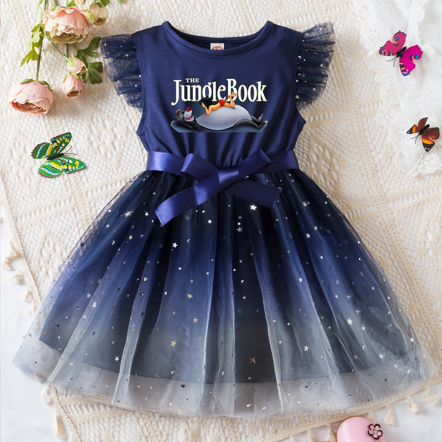 The Jungle Book Sweet Girls Summer Clothes Flying Sleeves Bow Sequin Dress 2-6Y Kid Birthday Tutu Princess Dress For Baby Girl
