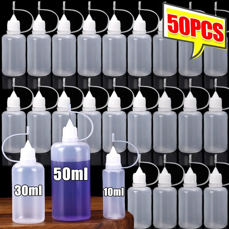 50/5Pcs PE Plastic Squeezable Tip Applicator Bottle Refillable Dropper with Needle Tip Caps for Glue Pigment Bottle 10ml 50ml