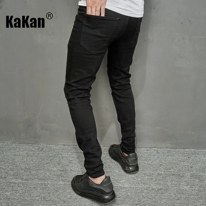 Kakan - European and American New Knee Hole Black Jeans for Men, High Street Fashion Slim Fit Elastic Denim Pants K9-1024