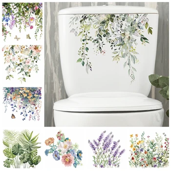 Autocollant Mural feuilles de plantes vertes pour salle de bains et toilettes, outil de fermeture de WC, autocollant Mural auto-adhésif pour embellir les fleurs, sparadrap de décoration pour la maison 1