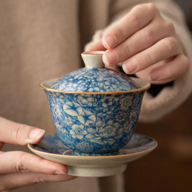 Porcelain Flourishing Flowers Blue Color Tea Tureen Tea Cup Set Kungfu Cup Infuser Tool Teaware Set Kitchen Drinkware